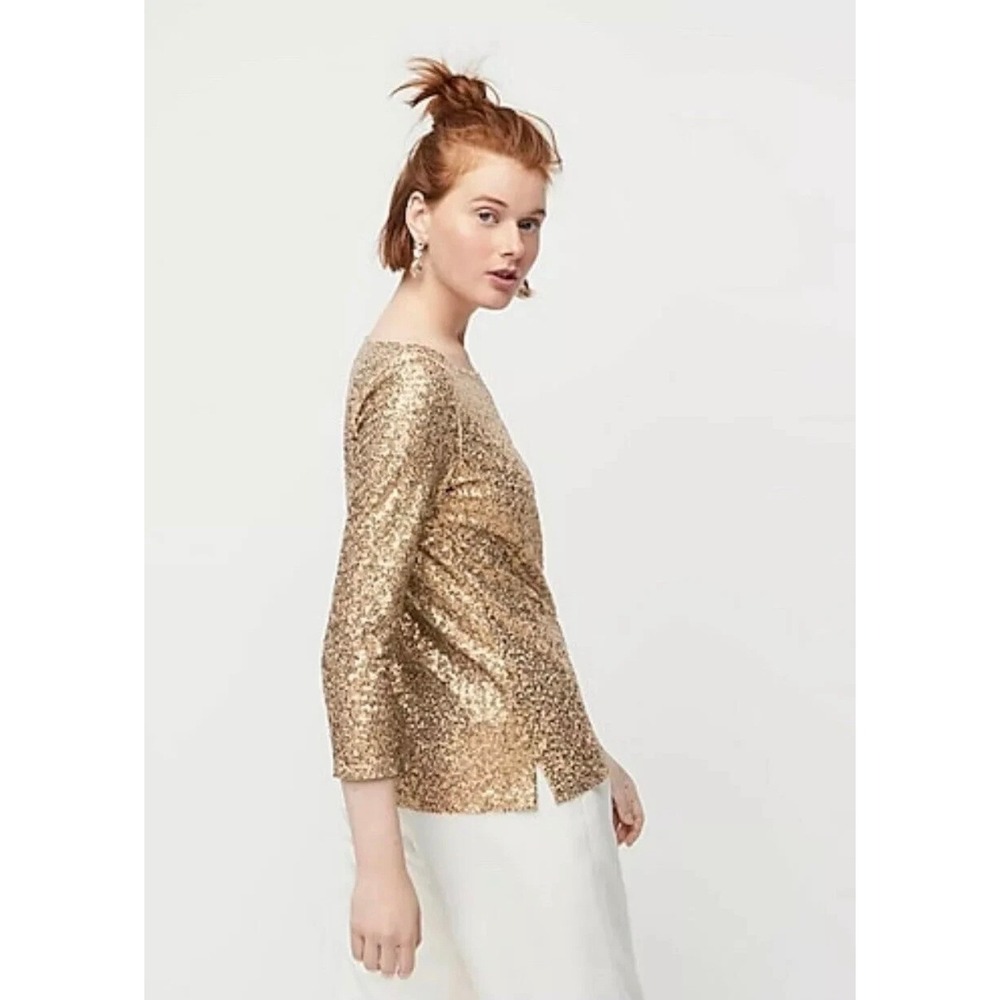 J.Crew Womens Gold Sequin Boat Neck Long Sleeve Top Size L Holiday Party Glam